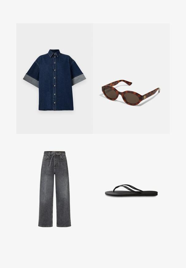 Dark denim shirt with short, rolled-up sleeves in a lighter denim. Features a classic collar and front buttons. Smooth texture, casual design.; High-waisted wide-leg black denim jeans with front pockets and a fabric belt tied in a bow at the waist.; Black flip-flop featuring a textured rubber sole, two slender straps, and a subtle, embossed logo detail on the strap.; Tortoiseshell sunglasses with rounded frames, dark lenses, and gold logo detailing on the temples. Smooth plastic material, no visible patterns.