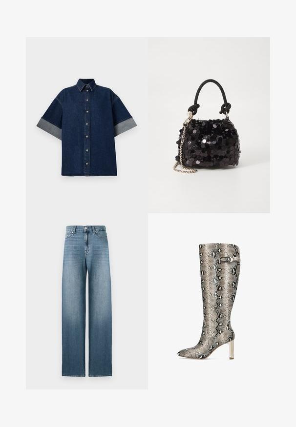 Camisa de mezclilla oscura con mangas cortas y enrolladas en mezclilla más clara. Presenta un cuello clásico y botones en la parte delantera. Textura suave, diseño informal.; Jeans de pierna ancha de color azul claro, confeccionados en denim, con cintura alta, diseño de cinco bolsillos y un leve desvanecimiento a lo largo de las piernas.; Botas hasta la rodilla con un estampado de serpiente en beige y negro, que cuentan con una puntera puntiaguda, un tacón en tono plateado y un detalle de hebilla lateral.; Bolso de mano mini negro con lentejuelas, con una correa de textura anudada y cadena plateada. Forma redondeada con parte superior fruncida y detalles reflectantes.