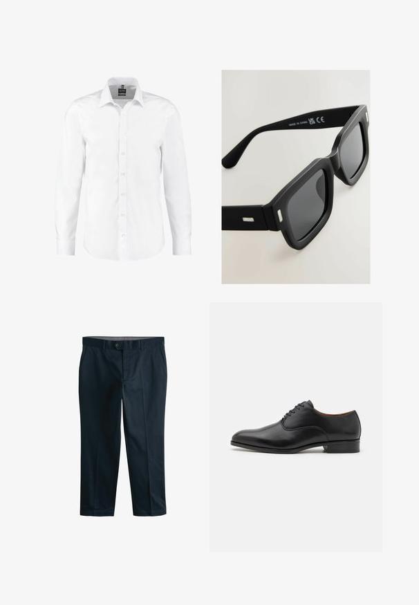 Valkoinen pitkähihainen paita, joka on valmistettu sileästä kankaasta. Paidassa on klassinen kaulus, napitettu etuosa ja hihansuissa yksittäiset napit. Ei kuvioita tai koristeita.; Syvänsiniset puuvillahousut, joissa on sileä rakenne, litteä etuosa, sivutaskut ja yksittäinen nappilukko vyötäröllä. Mukautettu istuvuus.; Musta nahkakengät, joissa on sileä pinta, kärki on terävä, ja niissä on kuusi rei'itettyä nauhakuviota, alhainen korko ja hienovaraiset ompeluakorit.; Mustat suorakulmion muotoiset aurinkolasit, joissa on matta pinta, tummat linssit ja hopeiset yksityiskohdat sankoissa. Ominaisuuksiin kuuluu paksu kehysmuotoilu ja sileä rakenne.