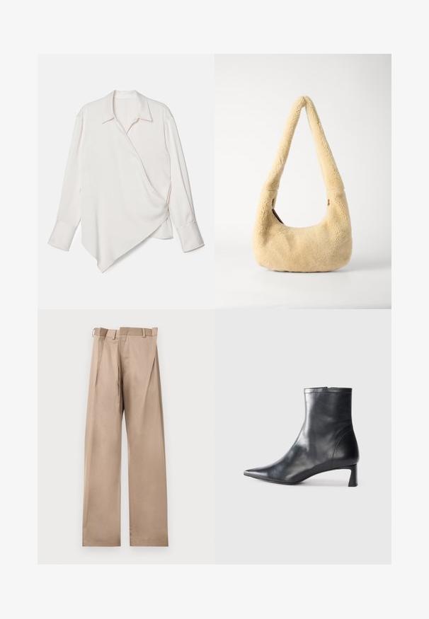 Bela dolga bluzica s poveznico in koničastim robom, izdelana iz gladkega materiala, s klasičnim ovratnikom in manšetnimi rokavi.; Bež hlače s krojem po meri, s ravnim nogavicami, ki imajo raven sprednji del, zankice za pas in pregibe. Narejene so iz gladkega materiala z mehkim otipom.; Črne usnjene gležnjarje s šiljastim nosom in elegantnim dizajnom. Imajo nizko peto in zadrgo na zadnji strani. Gladka tekstura.; Bežna torba iz ovčje kože na ramenu z ukrivljenim ročajem in okroglo obliko. Tekstura je mehka in puhasta, s minimalnimi kovinskimi poudarki.