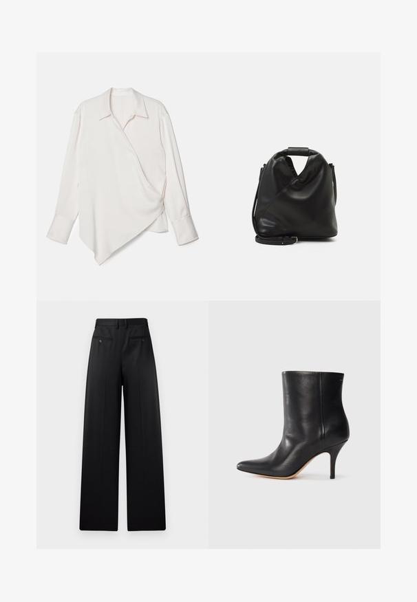 Biała długa koszula z długim rękawem, o kopertowym fasonie i spiczastym końcu, wykonana z gładkiego materiału, z klasycznym kołnierzykiem i mankietami.; Czarne spodnie szerokie w nogawkach z płaskim przodem, dwiema tylnymi kieszeniami z guzikami i gładką fakturą. Dopasowany krój z prostymi nogawkami.; Czarne skórzane botki za kostkę z wyciągniętym noskiem, smukłym obcasem w stylu stiletto i gładką teksturą. Minimalistyczny design bez widocznych elementów metalowych czy akcentów.; Czarna, miękka skórzana torba o unikalnym skręconym wzorze. Posiada krótki uchwyt oraz odpinany pasek na ramię. Styl minimalistyczny.