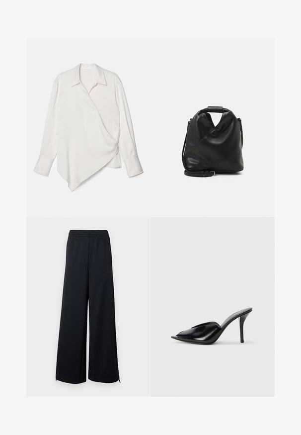 Balta garām piedurknēm apņemšanas krekls ar norādītu apakšmalu, izgatavots no gludas auduma, ar klasisku apkakli un piedurkņu aprocēm.; Melni plaši tīkliņveida bikses ar elastīgu jostu un mazām zipu detaļām pie apakšmalām, attēlotas uz baltas fona.; Melnas ādas augstpapēžu mūlas ar atvērtu purngalu, vērptu dizainu, gludu tekstūru un šauru stilletu papēdi.; Melnas, mīkstas ādas soma ar unikālu savērptu dizainu. Iespējo īsu rokturi un noņemamu plecu siksnu. Minimalistisks stils.