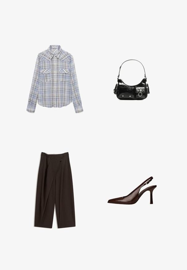 Světle modrá kostkovaná košile vyrobená z lehkého materiálu, s límcem, dvěma náprsními kapsami, dlouhými rukávy a knoflíkovým zapínáním.; Tmavě hnědé široké kalhoty s vysokým pasem, vybavené jedním tlačítkem na zapínání a plisovaným předním dílem. Vyrobené z lehkého materiálu.; Hnědá kožená lodička na tenkém podpatku se špičatou špičkou. Má malou ozdobnou přezku na pásku a lesklý povrch.; Černá lakovaná kožená kabelka s křivkovým tvarem, jedním ramenním popruhem, předními kapsami a stříbrnými kovovými detaily.