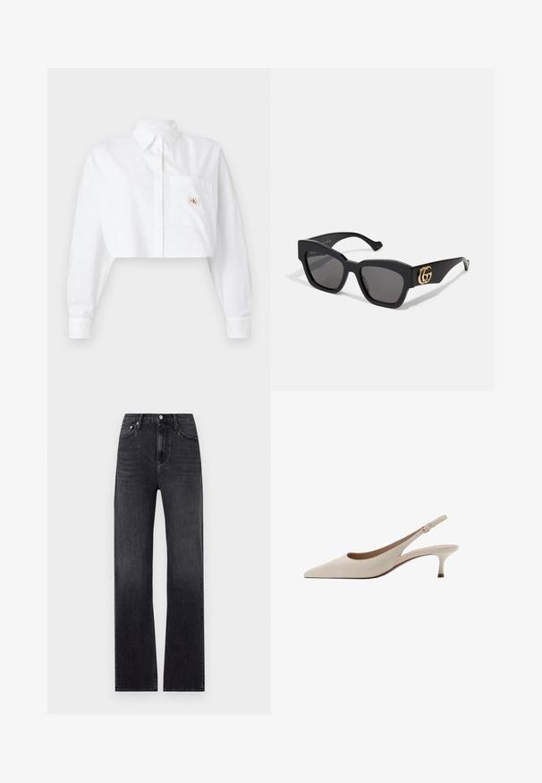 Cropped white button-up shirt made of cotton. Features long sleeves, a collar, and a left chest pocket with a small logo detail.; Black straight-leg jeans made of denim, featuring a high waist, five pockets, and a zip fly with a button closure. Slightly faded wash.; Beige slingback heels with a pointed toe and a low, flared heel. Made from smooth leather with a minimalistic design and adjustable strap.; Black rectangular sunglasses with dark lenses, featuring gold GG logo on the side. Made of glossy plastic with straight temple arms.
