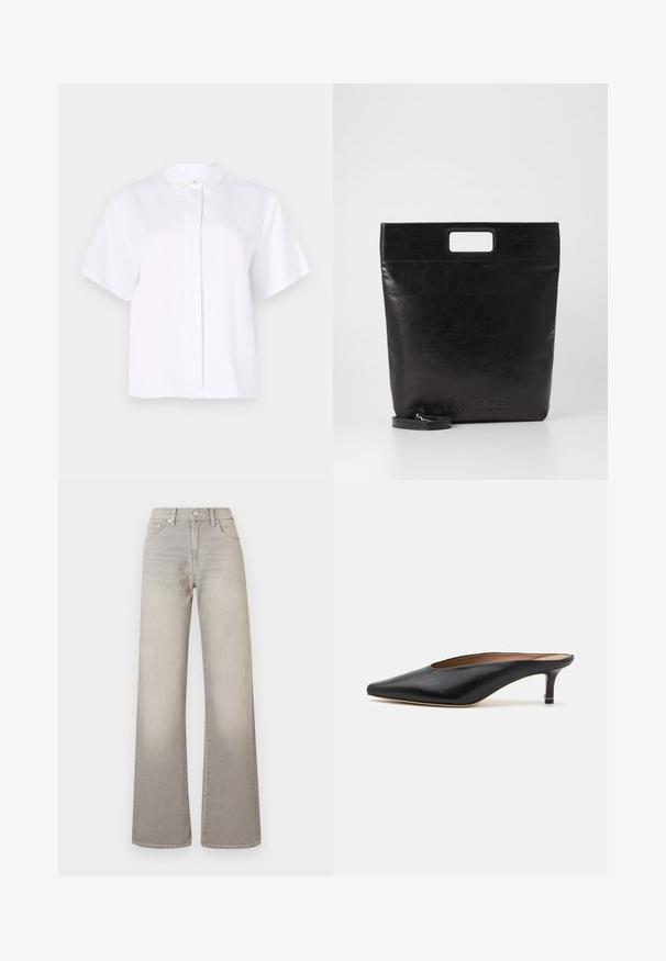 Short-sleeved white shirt made from smooth fabric, featuring a pointed collar and a button placket with a green accent button.; Gray wide-leg jeans with a faded finish, button closure, five-pocket design, and stitched detailing along the seams.; Black leather mules with a pointed toe and low, block heel. Smooth texture with a sleek design. Open back with minimal detailing.; Black leather tote bag with a square handle, featuring a textured finish and embossed logo. Includes a detachable strap.