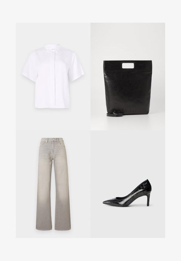 Cămașă albă cu mânecă scurtă, realizată dintr-un material neted, având un guler ascuțit și un plastron cu nasturi, cu un nasture de accent verde.; Jeans largi gri cu un finisaj decolorat, închidere cu buton, design cu cinci buzunare și detalii cusute pe cusături.; Pantofi cu toc înalt, cu vârful ascuțit, de culoare neagră, cu un finisaj lucios și un model texturat subtil. Au un toc de înălțime moderată și un design cu gât deschis.; Geantă tote din piele neagră, cu un mâner pătrat, având un finisaj texturat și un logo embosat. Include o curea detasabilă.
