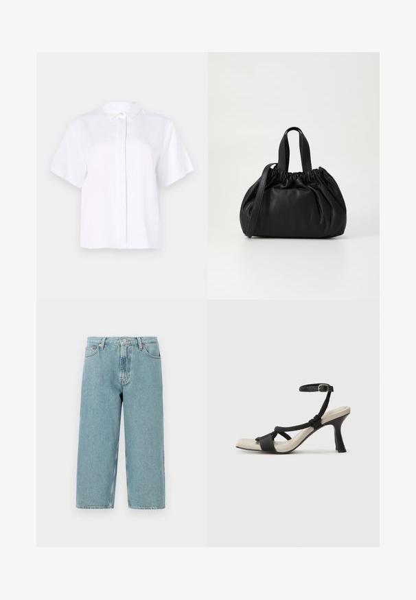 Short-sleeved white shirt made from smooth fabric, featuring a pointed collar and a button placket with a green accent button.; Light blue denim shorts with a high waist, straight cut, and raw hem. Features a classic button and zipper closure, four pockets.; Black heeled sandal with braided strap design, square toe, and adjustable ankle strap. Light beige footbed with a glossy black heel.; Black leather handbag with a gathered top design, featuring two short handles and a long adjustable strap. Smooth texture, rounded shape.