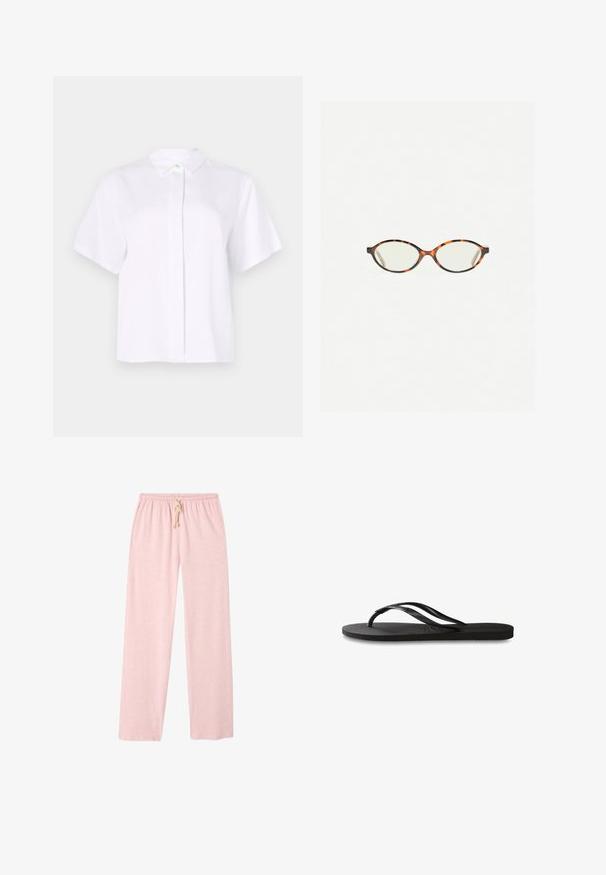 Bílá košile s krátkým rukávem vyrobená z hladké látky, s špičatým límcem a knoflíkovou légou se zeleným akcentovaným knoflíkem.; Svetle růžové bavlněné kalhoty na volný čas s volným střihem, elastickým pasem a detaily na šňůrku. Hladká textura, celoprůhledný design.; Černé žabky s texturovanou gumovou podrážkou, dvěma štíhlými popruhy a jemným, embosovaným logem na popruhu.; Želvovinové brýle s oválnými čočkami a hladkým, jemným povrchem. Má tenké bočnice s jemným zakřivením v chrámcích. Čiré čočky.