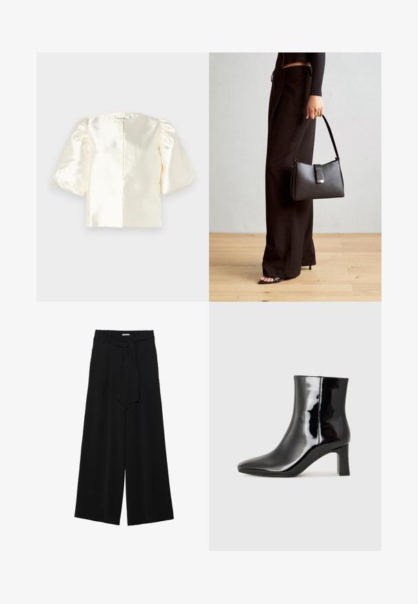 Blouse en satin ivoire avec des manches bouffantes, dotée d'un col rond et d'une fermeture droite au dos. Texture lisse avec un design minimaliste.; Pantalons larges noirs en tissu texturé, avec une taille élastique et une ceinture à nouer amovible à la taille pour un ajustement variable.; Bottines en cuir verni noir avec un bout pointu et un talon block de hauteur moyenne. Texture lisse et design minimaliste.; Sac à main noir à la forme structurée, texture lisse et fermoir métallique. Associé à un pantalon noir ample et des sandales ouvertes sur un sol en bois.