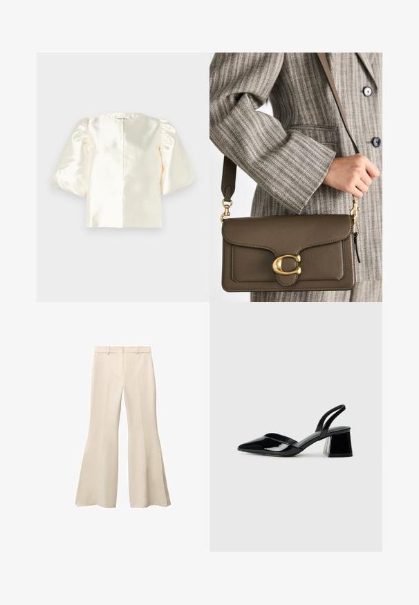 Bela satenasta bluza s napuhanim rukavima, z značajnim okruglim dekolteom i ravnim zatvaranjem na leđima. Glatka tekstura s minimalističkim dizajnom.; Bež hlače s širokim donjim dijelom i glatkom teksturom, s ravnim prednjim dijelom, petljama za remen i dubokim bočnim prorezima na rubu.; Črne lakirane slingback pete s koničastim nosom in geometrijsko blokasto peto. Imajo eleganten, minimalističen dizajn in gladko teksturo.; COACH TABBY SHOULDER BAG 26 - Torbica - dark stone