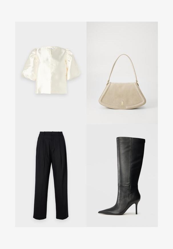Elfenbensfarvet satinbluse med puffede ærmer, der har en rund halsudskæring og en lige ryglukning. Glat tekstur med et minimalistisk design.; Sorte bukser med skræddersyet design, der har høj talje, læg og lige ben. Fremstillet af glat stof i ensfarvet.; Sorte læder knæhøje støvler med spidse tæer og slanke stiletto hæle, glat tekstur, sideprofil på neutral baggrund.; Beige ruskinds håndtaske med en rund triangelform, en enkelt strop og en guldfarvet hardwaredetalje på fronten.