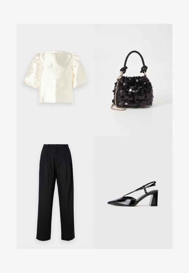 Elfenbeinfarbene Satinbluse mit Puffärmeln, die einen runden Ausschnitt und einen geraden Rückenschluss hat. Glatte Textur mit einem minimalistischen Design.; Schwarze Hose mit maßgeschneidertem Design, featuring eine hohe Taille, Falten und geraden Beinen. Hergestellt aus glattem Stoff in einfarbiger Ausführung.; Schwarze lackleder Slingback-High-Heels mit spitz zulaufender Zehenpartie, verstellbarem Riemen und klobigem rechteckigem Absatz.; Schwarze Pailletten-Mini-Handtasche mit einem geknoteten, strukturierten Tragegurt und einer silbernen Kette. Abgerundete Form mit gerafftem oberen Teil und reflektierenden Details.