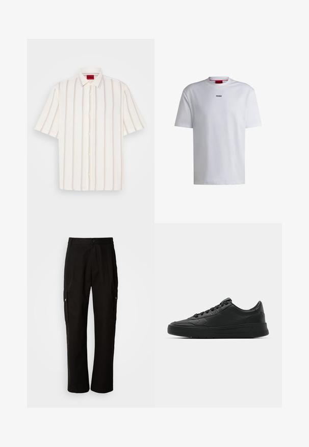 Balta marškiniai trumpomis rankovėmis su vertikaliomis šviesiai pilkomis ir pastelinių atspalvių juostelėmis, su tradicine apykakle ir minkšta tekstūra.; Balta medvilninė t-shirt su trumpomis rankovėmis, apvaliu iškirpimu ir juodu "HUGO" logotipu krūtinėje. Lygus paviršius, laisvas kirpimas, be raštų.; Juodos krovinių kelnės, pagamintos iš medvilnės, laisvo kirpimo, su šoninėmis kišenėmis, mygtuko uždarymu ir tiesiomis kojomis. Paprastas dizainas, be raštų.; Juodi sportiniai batai su lygia odine viršutine dalimi, apvaliu pirštu, plokščiomis raišteliais, pagaminta su paminkštinta apykakle ir minimalizmo dizainu. Guma padais su subtilia protektoriaus raštu.