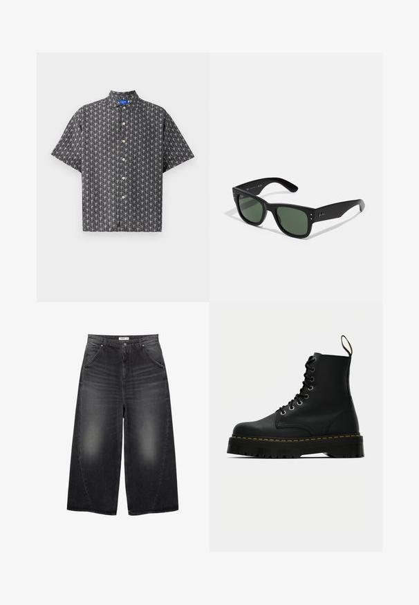 Majica s kratkimi rokavi iz črnega blaga z belim vzorcem listov, s konicasto ovratnico in rjavimi gumbi, enakomerno razporejenimi po sprednji strani.; Bela bombažna majica brez rokavov z okroglo izrezom, širokimi naramnicami in ravnim robom, ki se ponaša z gladko teksturo in brez vidnih vzorcev.; PULL&BEAR MEGA BAGGY - Vrečaste kavbojke - black; Črne usnjene čipkaste gležnjarje z robustnim strukturiranim gumijastim podplatom in podrobnostmi v rumeni barvi okoli platforme.; Črne pravokotne sončna očala z zelenimi lečami, mat površino, subtilnimi kovinskimi detajli in embosiranim logotipom na drsniku.