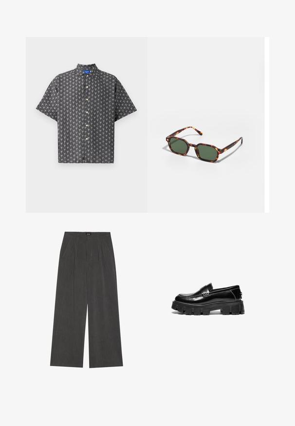 Kortärmad skjorta med knappar i svart tyg, med ett vitt bladmönster, spetsig krage och bruna knappar jämnt fördelade fram.; Breda byxor i mörkgrått tyg, med plisserad framdel, två sidofickor och en slät midja. Slät textur och skräddarsydd design.; Svarta läderloafers med tjock gummisula, dekorativ rem tvärs över ovandelen och kontrasterande vit söm. Slät textur med rundad tå.; Sköldpaddsbeslag av solglasögon med gröna linser, vinklade i en oktagonal form och med smala, böjda skalmar. Materialet har en glansig yta.