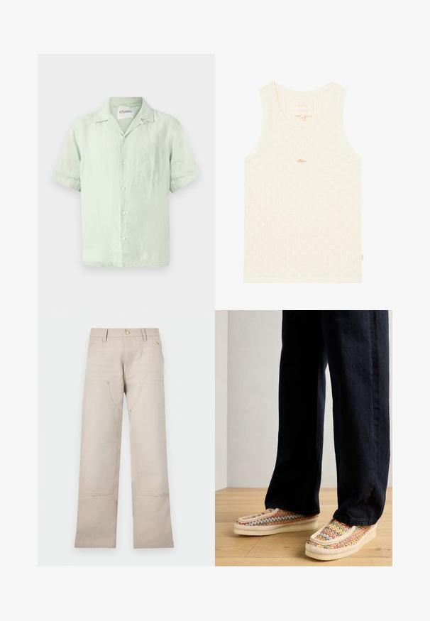 Camisa de lino de manga corta en un verde claro, con botones en la parte delantera, cuello y un bolsillo en el pecho. Textura suave y corte relajado.; Top sin mangas color crema con textura de canalé que presenta pequeños patrones de diamantes. Tiene un escote redondeado y un sutil logo dorado.; Pantalones de algodón beige con un diseño de pierna recta, que cuentan con dos bolsillos frontales y dos detalles con cremallera. Destacados herrajes en tono dorado.; Zapatos de lona multicolores sin cordones con una suela de color crema, acentuados por una banda texturizada y costuras en contraste, combinados con pantalones oscuros.