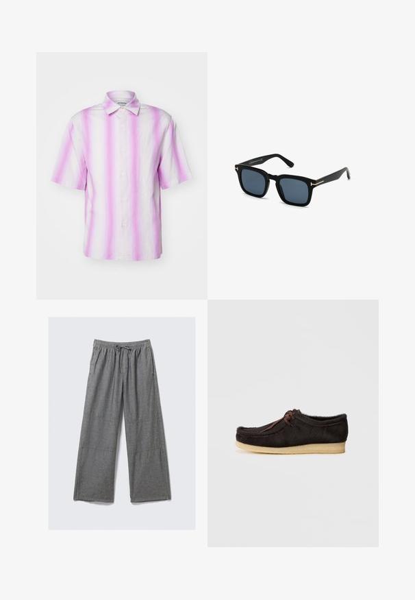 Košile s krátkým rukávem, na knoflíky, světle růžová a bílá s vertikálními pruhy. Vyrobena z lehkého materiálu, má klasický límec.; Šedé kalhoty širokého střihu vyrobené z lehkého materiálu, s elastickým pasem na šnůrku a decentními švy po stranách.; Hnědé kožené mokasíny s měkkou texturou, které mají detail šněrování, zaoblenou špičku a světlou gumovou podrážku.; Černé sluneční brýle čtvercového tvaru s tmavými skly, matným povrchem a zlatými kovovými akcenty na spáncích, vyznačující se minimalistickým designem.
