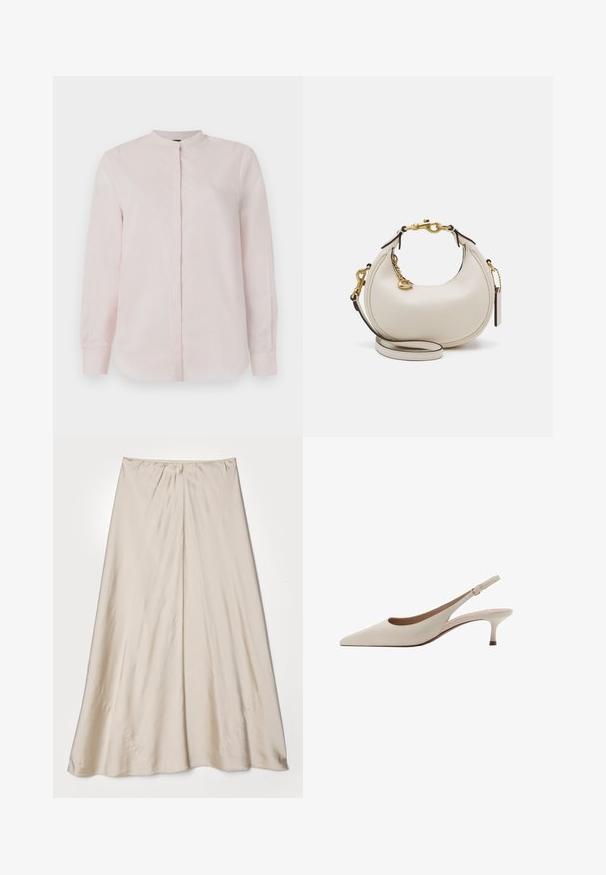 Lichtroze langemouwen shirt met een Chinese kraag, knoopsluiting aan de voorkant, en een soepele textuur. Geen zichtbare patronen of ontwerpen.; Beige satijnen rok met een uitlopende silhouette. Heeft een verzamelde tailleband en een subtiele glans, met schuine naden en een vloeiende val.; Beige slingback hakken met een puntige neus en een lage, uitlopende hak. Gemaakt van glad leer met een minimalistisch ontwerp en een verstelbare band.; Crème leren handtas met een halve maan vorm, gouden hardware, zwarte accenten en een afneembare schouderband. Heeft een kettingdetail en label.