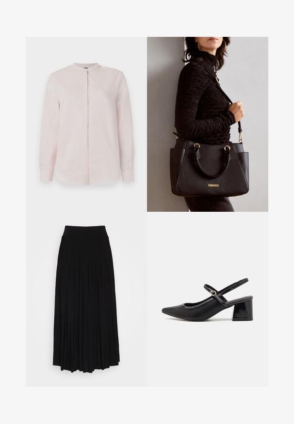 Lys rosa langærmet skjorte med ståkrave, knaplukning foran og glat tekstur. Ingen synlige mønstre eller design.; Sort plisseret nederdel med et højt, strækbart taljebånd. Lavet af blødt stof, med lodrette plisseringer for en flydende silhuet.; Sorte patentlæder slingback hæle med spids tå, rund udskæring og blokhæl. Har en guldtonet spændeaccents.; Sort håndtaske med struktureret overflade, dobbelt topbærere og justerbar skulderrem. Udstyret med guldfarvet metalhardware og sidelommer.