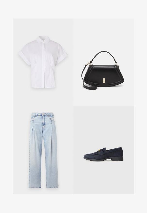 Maglietta bianca a maniche corte in cotone con colletto a camicia, pattina frontale e sottili pieghe laterali per un fit rilassato.; Jeans in denim azzurro chiaro con vita alta, taglio a gamba larga, due tasche laterali e design plissettato. Texture morbida con una finitura sbiadita.; Mocassini in suede blu navy con tacco nero basso, caratterizzati da un dettaglio decorativo in oro sulla parte anteriore e un design a punta arrotondata.; Borsa a mano in pelle nera con un design strutturato, caratterizzata da una forma corta, manico superiore e accessori in metallo dorato. Inclusa tracolla regolabile.