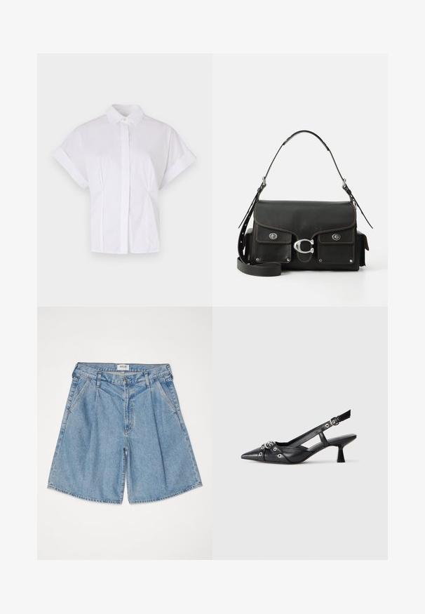 White short-sleeve shirt made of cotton with a button-down collar, front placket, and subtle side pleats for a relaxed fit.; Light blue denim shorts with a relaxed fit, featuring a high waist, side pockets, and a button closure. Faded texture throughout.; Black leather slingback shoe with a pointed toe, decorative straps featuring metal eyelets, and a low block heel. Textured surface.; Black leather handbag with a flap closure, silver hardware, two front pockets, contrasting stitching, and a detachable shoulder strap.