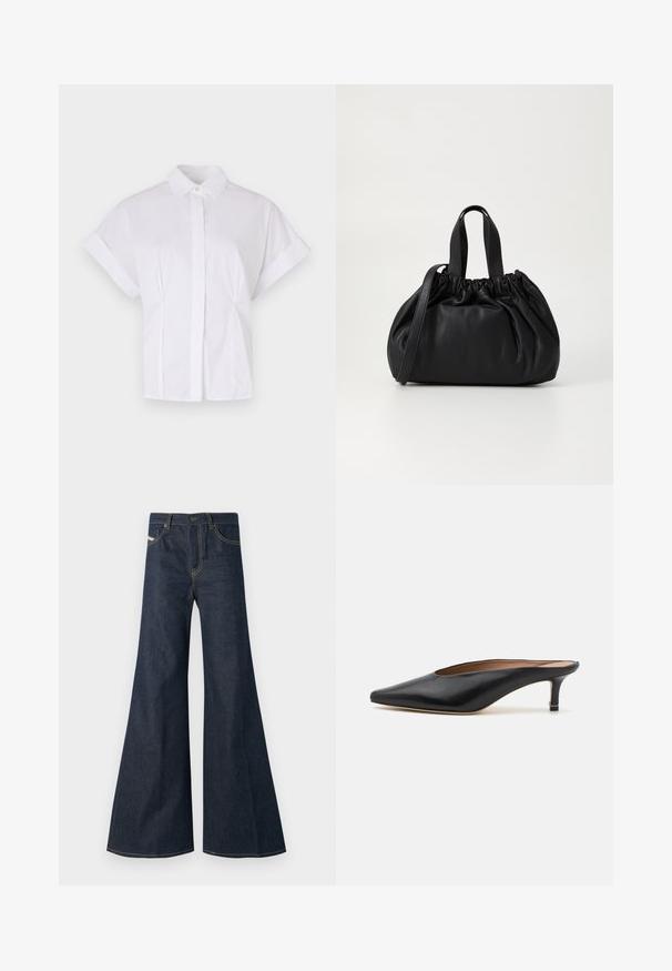 Witte korte mouwen shirt gemaakt van katoen met een button-down kraag, een knoopsluiting aan de voorkant en subtiele zijplooien voor een ontspannen pasvorm.; Donkerblauwe flared jeans van denim, met een hoge taille, gouden stiksels en twee voorzakken met een knoopsluiting.; Zwarte leren muiltjes met een puntige neus en een lage, blokhak. Glad oppervlak met een gestroomlijnd ontwerp. Open achterkant met minimale details.; Zwarte leren handtas met een geplooid ontwerp aan de bovenkant, voorzien van twee korte handvatten en een lange verstelbare schouderband. Gladde textuur, ronde vorm.