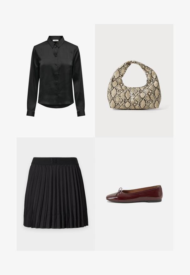 Czarna satynowa koszula z długim rękawem, z zapięciem na guziki, klasycznym kołnierzykiem i zaokrąglonym dołem. Posiada delikatny połysk i dopasowane rękawy.; Czarna plisowana spódnica o gładkiej fakturze, z solidnym czarnym pasem w talii i wytłoczonym detalem z logo z przodu.; Bordowe baleriny z lakierowanej skóry z zaokrąglonym noskiem, małą kokardką z przodu oraz niską, czarną gumową podeszwą. Gładka tekstura.; Torebka w wężowy wzór z zakrzywionym uchwytem. Wykonana z teksturowanych, beżowych i brązowych materiałów, z charakterystycznym wzorem w diamenty.