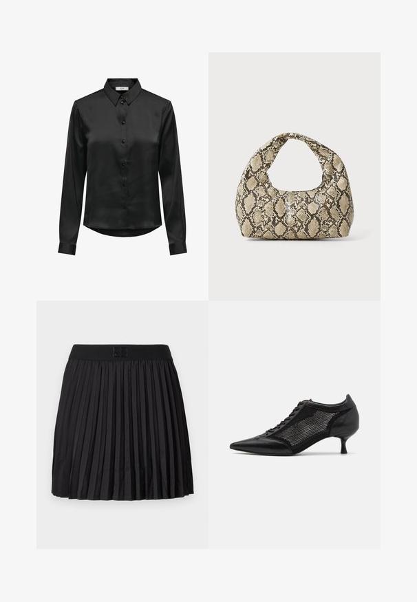 Zwarte satijnen overhemd met lange mouwen, knoopsluiting aan de voorkant, een klassieke kraag en een gebogen zoom. Met subtiele glans en fitted mouwen.; Zwarte geplooide rok met een soepele textuur, voorzien van een effen zwarte tailleband en een reliëflogo-detail aan de voorkant.; Zwarte schoen met spitse neus en een ontwerp met gaaspanelen, voorzien van een lage hak en vetersluiting. Gemaakt van een combinatie van leer en gaasmateriaal.; Slangpatroon handtas met een gebogen handvat. Gemaakt van gestructureerde, beige en bruine materialen, met een kenmerkend ruitpatroon.