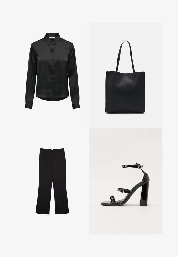 Czarna satynowa koszula z długim rękawem, z zapięciem na guziki, klasycznym kołnierzykiem i zaokrąglonym dołem. Posiada delikatny połysk i dopasowane rękawy.; Czarne spodnie o prostym kroju, z przednimi kieszeniami i bocznymi rozcięciami na dole. Wykonane z miękkiego, gładkiego materiału. Odpowiednie na różne okazje.; Czarne lakierowane sandały na obcasie z kwadratowym noskiem, z paskami wokół kostki i srebrnymi klamrami. Posiadają masywny słupek dla stabilności.; Czarna skórzana torba tote o gładkiej fakturze, prostokątnym kształcie i dwóch długich uchwytach. Brak widocznych elementów metalowych i ozdób.