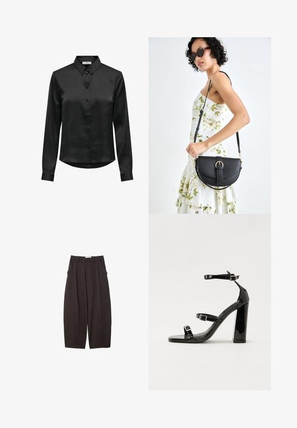 Schwarzes Satin-Hemd mit langen Ärmeln, Knopfleiste, klassischem Kragen und abgerundetem Saum. Verfügt über einen subtilen Glanz und taillierte Ärmel.; Schwarze weit geschnittene Hosen aus einem glatten Stoff, mit hoher Taille, Frontfalten und Seitentaschen. Schlichtes Design ohne Verzierungen.; Schwarze patentierte Sandalen mit Absatz, quadratischer Spitze, Knöchelriemen und silbernen Schnallen. Mit einem stabilen Blockabsatz für mehr Stabilität.; Schwarze Lederhandtasche mit geschwungener Form, abnehmbarem Tragegurt und goldenen Beschlägen. Die Tasche verfügt über einen Deckel mit einer Schnallen-Details.