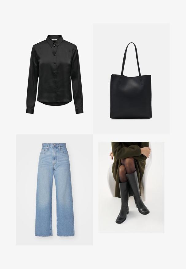 Camicia nera in satin a maniche lunghe con chiusura a bottoni, collo classico e orlo curvo. Presenta una leggera lucentezza e maniche aderenti.; Jeans a vita alta blu chiaro con gamba larga, chiusura frontale con bottone e zip, tasche anteriori e posteriori, su uno sfondo bianco.; Stivali neri in pelle alti fino al ginocchio con punta squadrata e tacco a blocco, mostrati con un modello seduto in un cappotto verde oliva. Texture liscia, dettagli minimi.; Borsa tote in pelle nera con texture liscia, forma rettangolare e due manici lunghi. Nessun hardware o decorazione visibile.