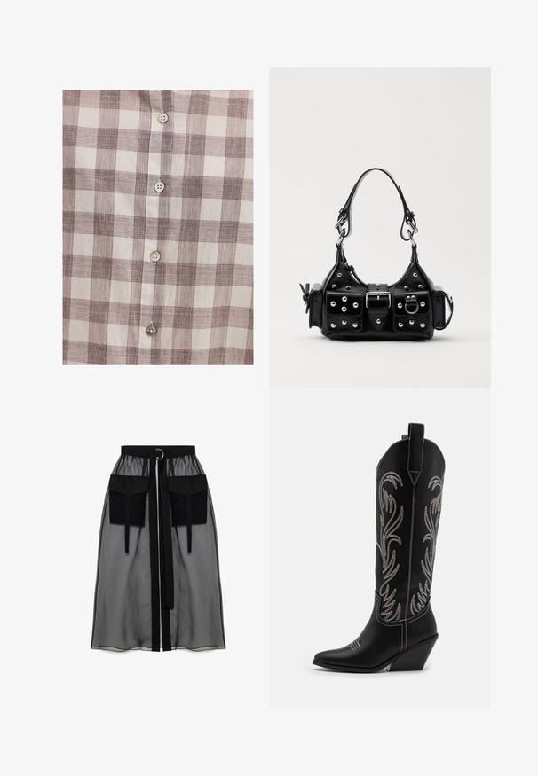 Overhemd met knopen in een beige en bruin ruitpatroon, heeft een lichte stoftextuur, vijf knopen aan de voorkant en een klassieke kraag.; Zwarte doorschijnende rok met een verzameld tailleband, voorzien van twee grote voorzakken, een tailleband met strik en een ronde metalen accent.; Zwarte leren cowboylaarzen met spitse neuzen, wiggenhakken en zilver geborduurde bloemmotieven langs de schacht. Contrasterende stiksels overal.; Zwarte lederen handtas met een gebogen ontwerp, voorzien van zilveren studs, een gesp en twee zijvakken. Verstelbare schouderband voor verschillende draagmogelijkheden.