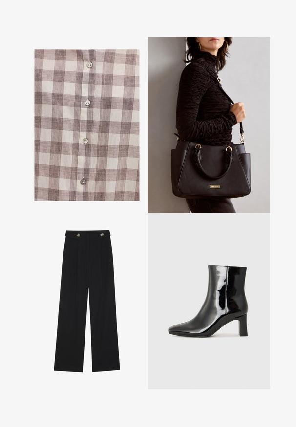 Koszula zapinana na guziki w beżowo-brązową kratę, cechująca się lekka teksturą materiału, pięcioma guzikami na przodzie oraz klasycznym kołnierzykiem.; Czarne szerokie spodnie z wysokim stanem, z detalami w postaci guzików na pasku oraz plisami z przodu.; Czarne lakierowane botki za kostkę z wysmukłym noskiem i średniej wysokości obcasem w kształcie słupka. Gładka tekstura i minimalistyczny design.; Czarna torebka z teksturowanej powierzchni, podwójnymi uchwytami na górze i regulowanym paskiem na ramię. Posiada złote okucia i boczne kieszenie.