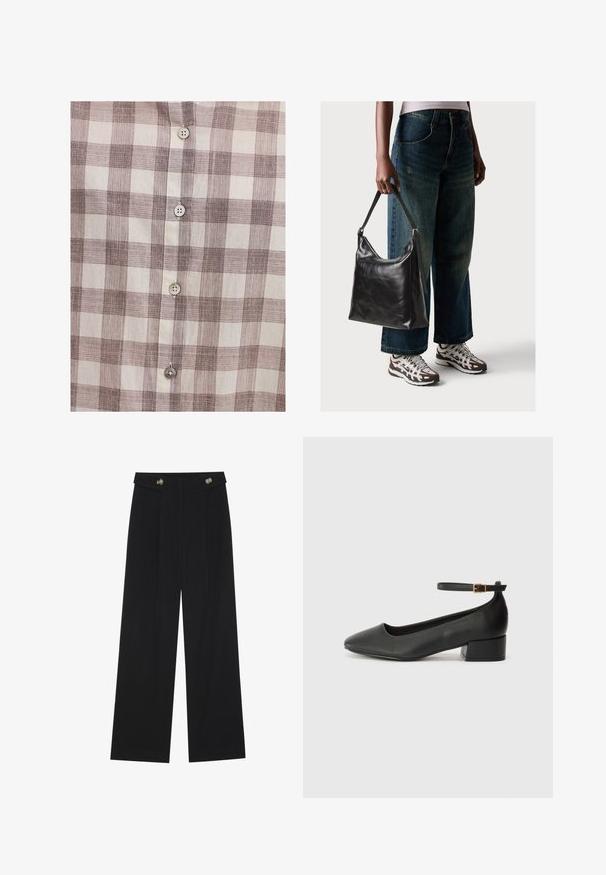 Beige und braun karierte Hemdbluse, mit leichtem Stofftextur, fünf Knöpfen auf der Vorderseite und einem klassischen Kragen.; Schwarze weite Hosen mit hoher Taille, Knopfdetails am Bund und vorderen Falten.; Schwarze Lederpumps mit spitzem Zehenbereich und niedrigem Blockabsatz. Mit einem Knöchelriemen und einer goldfarbenen Schnalle. Glatte Textur.; Schwarze Leder-Schultertasche mit glatter Textur und verstellbarem Riemen, kombiniert mit ausgewaschenen weit geschnittenen Jeans und sportlichen Sneakern.