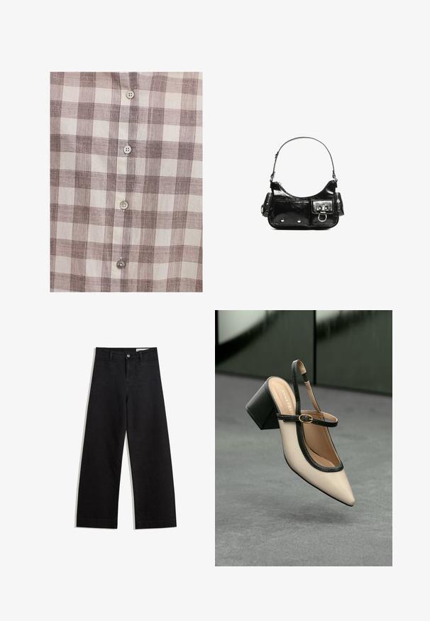 Koszula zapinana na guziki w beżowo-brązową kratę, cechująca się lekka teksturą materiału, pięcioma guzikami na przodzie oraz klasycznym kołnierzykiem.; Czarne dżinsowe spodnie o szerokich nogawkach i wysokim stanie, z przednimi i tylnymi kieszeniami, przeszyciami oraz zapięciem na guziki. Gładka struktura.; Beżowe buty typu slingback z ostrym noskiem, czarnym wykończeniem, złotą klamrą i grubym obcasem na szarym podłożu z ciemnozielonym tłem.; Czarna torebka z lakierowanej skóry o zaokrąglonym kształcie, z jednym paskiem na ramię, przednimi kieszeniami i akcentami w kolorze srebrnym.
