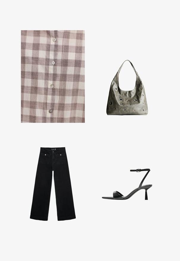 Košulja dugih rukava u bež i smeškastom karirastom uzorku, sa laganom teksturom tkanine, pet dugmadi na prednjem delu i klasičnom kragnom.; Crne široke traperice s visokim strukom, koje imaju dva prednja džepa i metalne gumbe kao ukrase. Tkanina ima glatku teksturu.; Bershka Sandale s visokom petom - black; Maslinasto zeleni kožni ručni kovčeg s opuštenim dizajnom, s raznim kružnim izrezima različitih veličina i naglascima u tamnijim i svjetlijim nijansama.