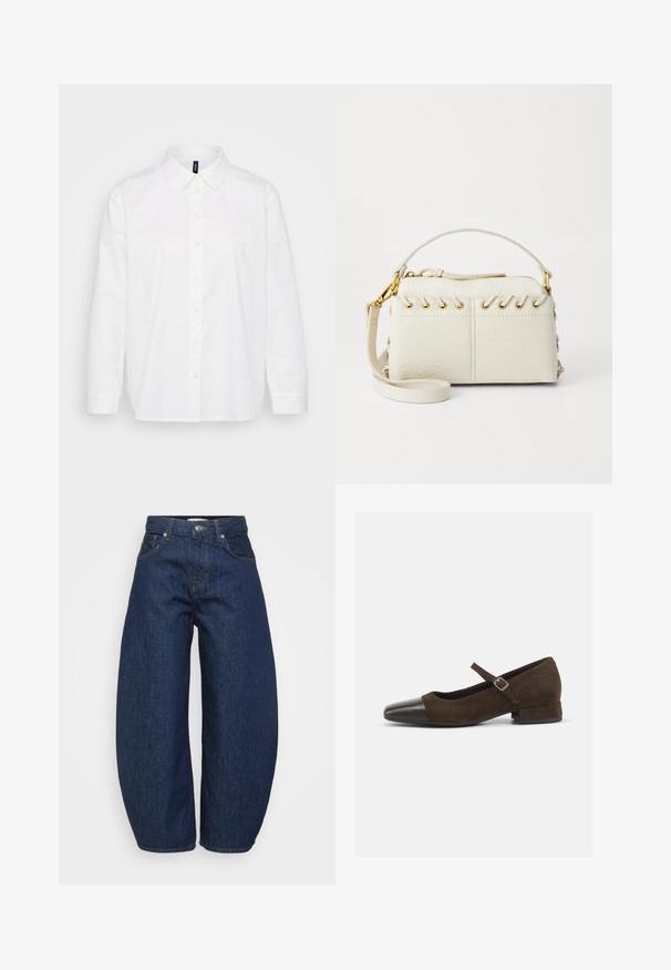 White button-up shirt featuring a dotted pattern in colors blue, pink, and green. Classic collar, long sleeves, and a straight hem.; Dark blue denim jeans with a wide, relaxed fit. Features a zip fly, four pockets, and contrasting stitching along seams.; Brown suede Mary Jane shoe with a black patent leather toe cap, adjustable strap, and a low block heel. Smooth texture with minimal accents.; White faux leather handbag featuring a top zipper, a short handle, and a removable crossbody strap with gold-tone hardware. Side lacing detail.; Silver hoop earring with a polished finish, featuring small gold accent details and a round shape, worn on the lobe.