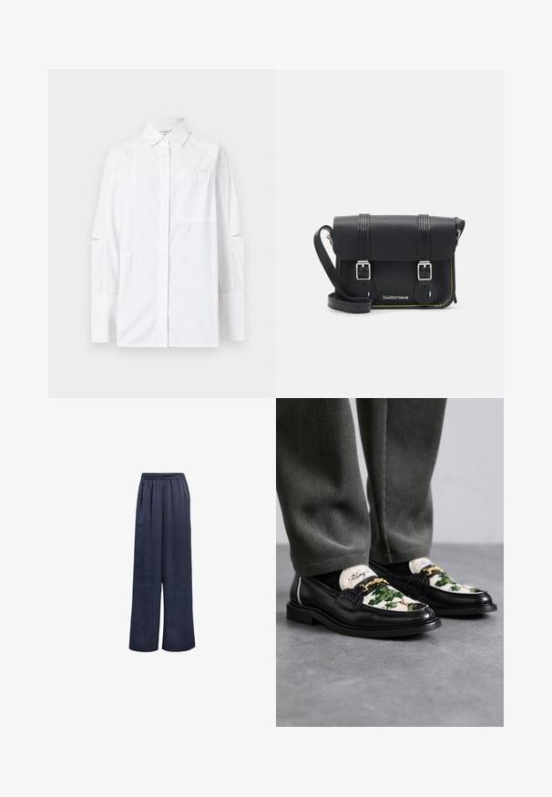 Bílá košile s dlouhými rukávy, funkčními výřezy, náprsní kapsou a strukturovaným límcem. Vyrobena z lehkého materiálu.; Námořnické kalhoty s širokým střihem vyrobené z hladkého materiálu, s elastickým pasem a bez viditelného kování. Mají uvolněný střih a dlouhý design.; Černé kožené mokasíny s dekoračním zeleno-bílým textilním svrškem. Mají zlatý řetízkový akcent a texturovanou černou podrážku.; Černá kožená kabelka přes rameno s klopou, dvěma stříbrnými sponami, žlutým prošíváním a nastavitelným popruhem. Vyznačuje se hladkou texturou a kompaktním designem.