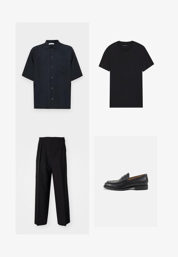 Kratek rokav, odprt srajca v črni barvi, z žepom, subtilno teksturo in sproščenim krojem s klasičnim ovratnikom.; Črna bombažna majica s kratkimi rokavi in okroglim ovratnikom. Tkanina ima gladko teksturo in enostaven, enobarven dizajn.; Črne nabirane hlače s ravnim, širokim krojem. Narejene so iz gladkega materiala in imajo zadrgo ter pasne zanke.; Črne usnjene loafers cipele z gladko površino, zaobljenim nosom in dekorativnim šivom na vampu. Nizek zloženi peti in rahla sijaj.
