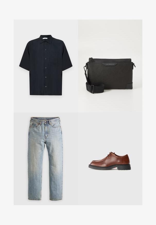 Camisa negra de manga corta hecha de tela texturizada, con cierre de botones en el frente, un pequeño bolsillo parche y un diseño clásico de cuello.; Jeans de mezclilla azul claro de cintura alta, con botón frontal, cremallera y diseño de cinco bolsillos, dispuestos sobre un fondo neutro.; Zapato de vestir de cuero marrón con puntera redondeada, costuras en contraste, diseño de cordones y suela texturada de goma negra.; Bolso bandolera de piel negra con acabado texturizado, que cuenta con cierre de cremallera y correa ajustable. Parche con el logotipo en la parte delantera. Forma rectangular.