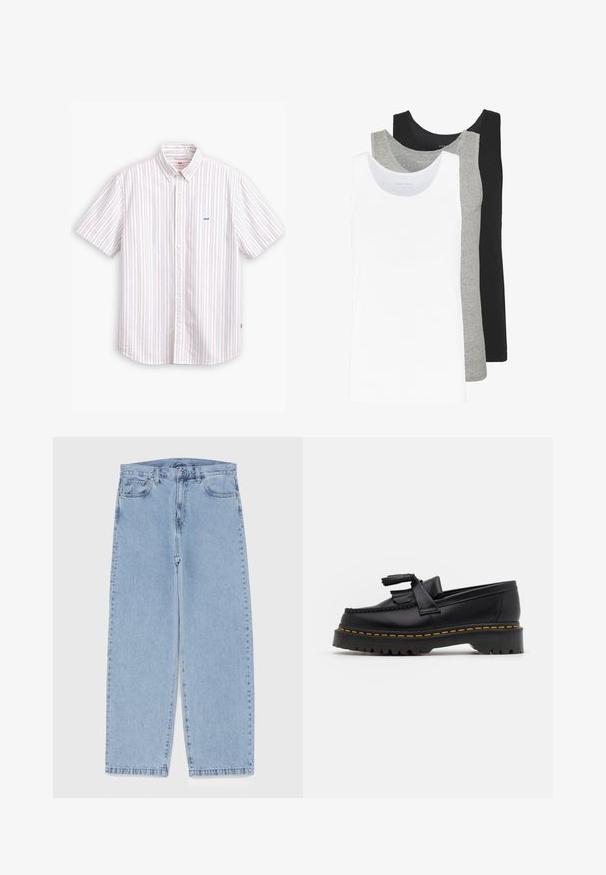 Īsā piedurkne pogājams krekls baltā krāsā ar vertikālām pasteļu svītrām. Iezīmē klasisko apkakli un mazu zilu logotipu uz krūtīm.; Trīs bezmaku blūzes baltā, pelēkā un melnā krāsā. Katrai no tām ir klasiska bezmaku dizaina forma, izgatavota no viegla kokvilnas auduma ar ribotu tekstūru.; Gai zila džinsu bikses ar taisnu kāju dizainu, kas piedāvā vidēju vidukļa augstumu, piecas kabatas un pogas un rāvējslēdzēja aizdari.; Melnas ādas mokasīni ar pērlītēm uzsvaru, ar masīvu melnu zoli un dzeltenu šuvumu gar malu. Ar teksturētu apdari.