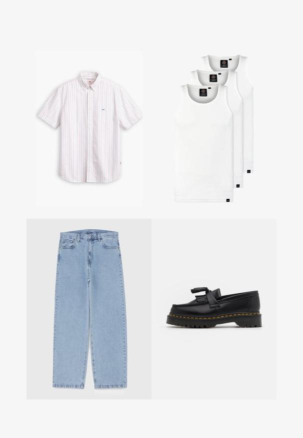 Kurzärmliges Hemd in Weiß mit vertikalen Pastellstreifen. Verfügt über einen klassischen Kragen und ein kleines blaues Logo auf der Brust.; Drei weiße, gerippte Tanktops aus Baumwolle. Merkmale einen Rundhalsausschnitt und kleine schwarze Etiketten am Saum. In mehreren Größen erhältlich.; Hellblaue Jeans aus Denim mit geradem Bein, ausgestattet mit einer mittelhohen Taille, fünf Taschen sowie einem Knopf- und Reißverschluss.; Schwarze Lederloafers mit einem fransenverzierten Akzent, ausgestattet mit einer robusten schwarzen Sohle und gelber Naht entlang der Kante. Texturierte Oberfläche.