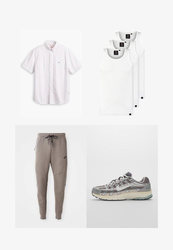 Kurzärmliges Hemd in Weiß mit vertikalen Pastellstreifen. Verfügt über einen klassischen Kragen und ein kleines blaues Logo auf der Brust.; Drei weiße, gerippte Tanktops aus Baumwolle. Merkmale einen Rundhalsausschnitt und kleine schwarze Etiketten am Saum. In mehreren Größen erhältlich.; Graue Nike-Sweatpants mit einem Kordelzugbund, schmal zulaufenden Beinen, seitlichen Taschen und auffälliger Nahtgestaltung. Weicher, strukturiert Stoff.; Grauer Sportschuh mit einem Obermaterial aus Mesh und Wildleder, weißen Akzenten, einer gepolsterten Sohle und einem charakteristischen Design mit reflektierenden Elementen.