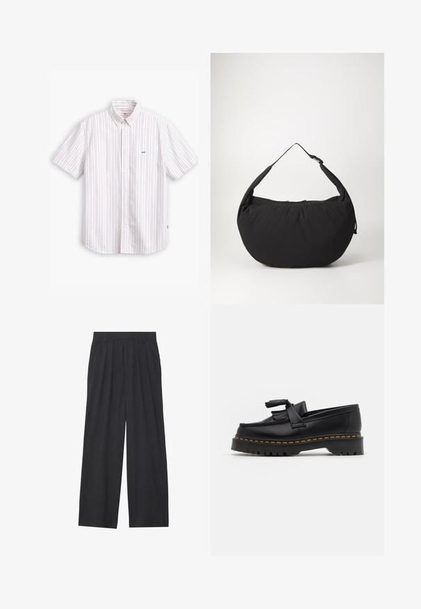 Short-sleeve button-up shirt in white with vertical pastel stripes. Features a classic collar and small blue logo on the chest.; Wide-leg trousers made of dark gray fabric. Features pleats at the waist, a tailored design, and a straight silhouette.; Black leather loafer with a tasseled accent, featuring a chunky black sole and yellow stitching along the edge. Textured finish.; Black fabric shoulder bag with a curved shape, featuring a single strap and a zippered closure. Soft texture, minimalist design.