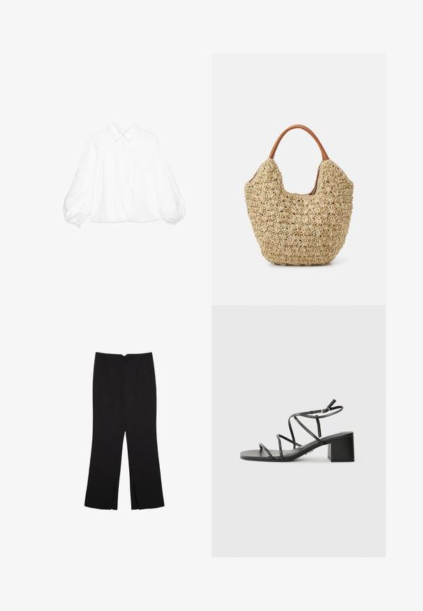 Vit bomullsblus med knäppning framtill, krage och voluminösa ballongärmar. Har subtila texturerade detaljer vid manschetterna.; Svarta byxor med rak passform, utrustade med framfickor och sidoklyvningar vid fållen. Tillverkade av mjukt, slätt tyg. Lämpliga för olika tillfällen.; Svarta sandaletter med remmar och fyrkantig tå, samt en kraftig klack, tillverkade av ett slätt material. Har justerbara ankelremmar och minimalistisk hårdvara.; Vävd halmhandväska med en naturlig textur och en mjuk, organisk form, med bruna läderhandtag för enkel bärning.