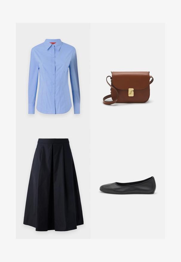 Koszula z długim rękawem, w jasnoniebieskim kolorze, wykonana z bawełny. Posiada zapięcie na guziki z przodu, spiczasty kołnierzyk oraz dopasowany krój z pionowymi szwami.; Czarna spódnica typu A wykonana z gładkiego materiału, z plisami i szerokim pasem. Spódnica sięga tuż nad kostkę.; Czarne skórzane baletki z zaokrąglonym noskiem, gładką fakturą, minimalnymi przeszyciami i elastycznym designem podeszwy.; Brązowa skórzana torebka na ramię z klapką, złotymi detalami, paskiem na ramię i gładką teksturą. Kompaktowy prostokątny kształt.