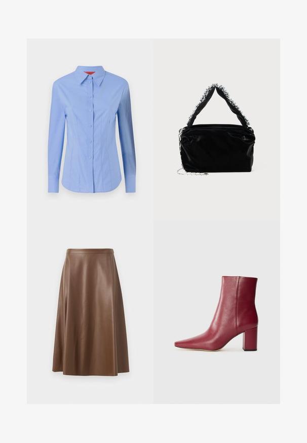 Lange mouwen, lichtblauwe shirt gemaakt van katoen. Heeft een knoopsluiting aan de voorkant, een puntige kraag en een getailleerde pasvorm met verticale naden.; Bruine leren A-lijn rok met een gladde textuur en een middellange zoom. Beschikt over een aansluitende tailleband en een lichte uitlopende vorm vanaf de heupen.; Bordeaux leren enkelboot met een spitse neus, blokhak en een gladde textuur, uitgevoerd in een naadloos ontwerp zonder zichtbare hardware.; Zwarte nep leren handtas met een gestructureerde afwerking, voorzien van een bewerkte zilveren accent langs de bovenste handgreep en een schouderband van kettingen.