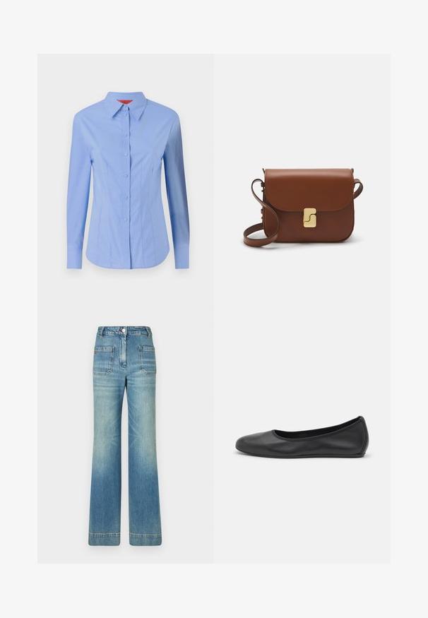 Cămașă cu mâneci lungi, de culoare albastră deschisă, fabricată din bumbac. Prezintă un guler ascuțit, închidere cu nasturi pe față și o croială ajustată cu cusături verticale.; Jeans din denim albastru deschis, cu talie evazată, cinci buzunare, bucle pentru curea, închidere cu nasture și o textură ușor decolorată, având un detaliu cu logo roșu pe spate.; Balerini din piele neagră, cu vârf rotund, textură netedă, detalii de cusătură minimale și un design al tălpii flexibil.; Geantă de piele maro cu închidere tip capac, accesorii de culoare aurie, curea de umăr și o textură netedă. Formă compactă și rectangulară.