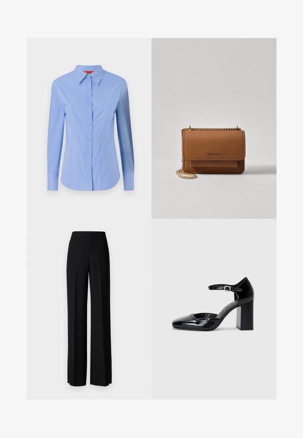 Svetlo modra srajca z dolgimi rokavi iz bombaža. Ima gumbasto zapiranje, ostri ovratnik in prilegajoč kroj z navpičnimi šivi.; Črne široke hlače z gladko teksturo, z visokim pasom in središnjimi pregibi. Brez vidnih vzorcev ali kovinskih detajlov.; Črne lakirane usnjene čevlje s peto, kvadratnim izrezom, trakovi okrog gležnja in masivno peto. Vsebujejo perforirane detajle ob robu.; Rjava teksturirana usnjena torba čez ramo z zlatim verižnim trakom in zapiranjem na pokrov. Spredaj je vidna podrobnost logotipa in žep pod pokrovom.