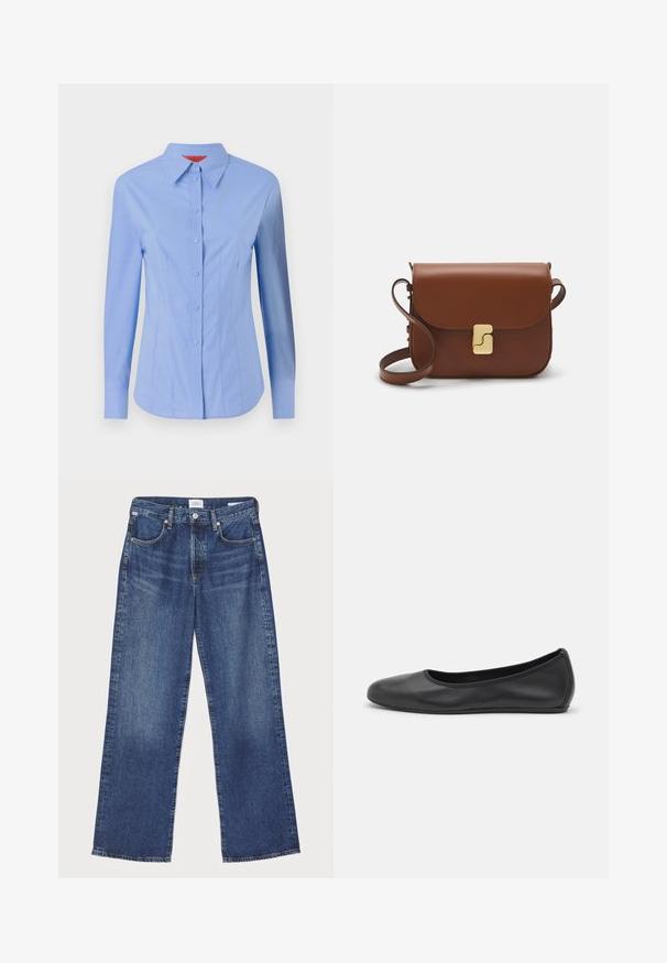 Dlhý rukáv, svetlomodrá košeľa vyrobená z bavlny. Obsahuje zapínanie na gombíky vpredu, špicatý golier a priliehavý strih s vertikálnymi švami.; Citizens of Humanity ANNINA - Džínsy s rovným strihom - westwood dark indigo; Čierne kožené baleríny s okrúhlou špičkou, hladkým povrchom, minimálnym prešívaním a flexibilným dizajnom podrážky.; Hnedá kožená kabelka s klopou, zlatými kovovými prvkami, ramenným popruhom a hladkým povrchom. Kompaktný obdĺžnikový tvar.
